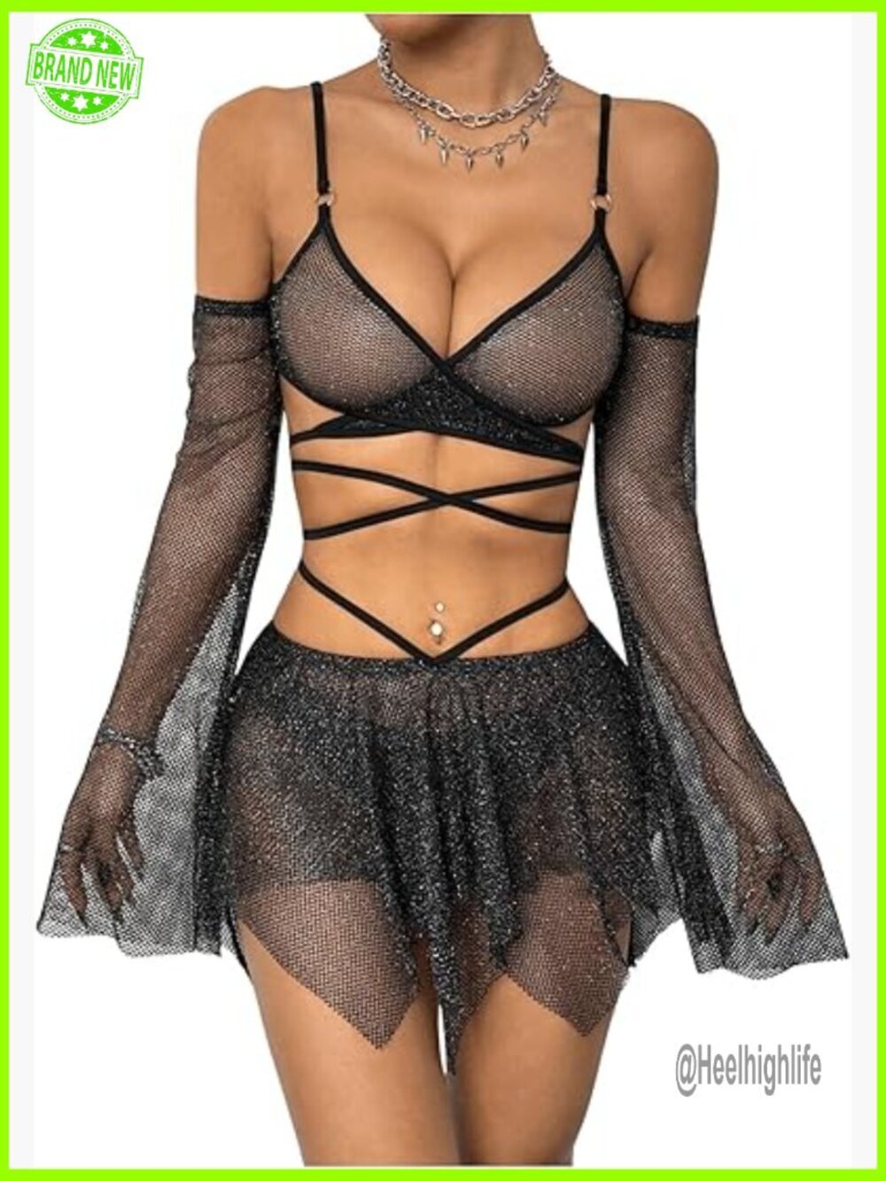 Mesh Criss Cross Crop Top & Asymmetrical Mini Skirt 2-Piece Set